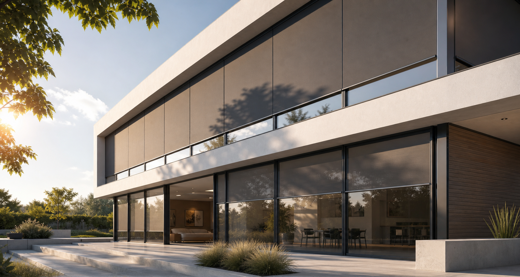 Moderne Fassade mit außenliegendem Sonnenschutz